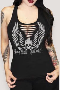Holy Hell Bombshell Slashed Back Racerback Sexy Biker Tank- Black