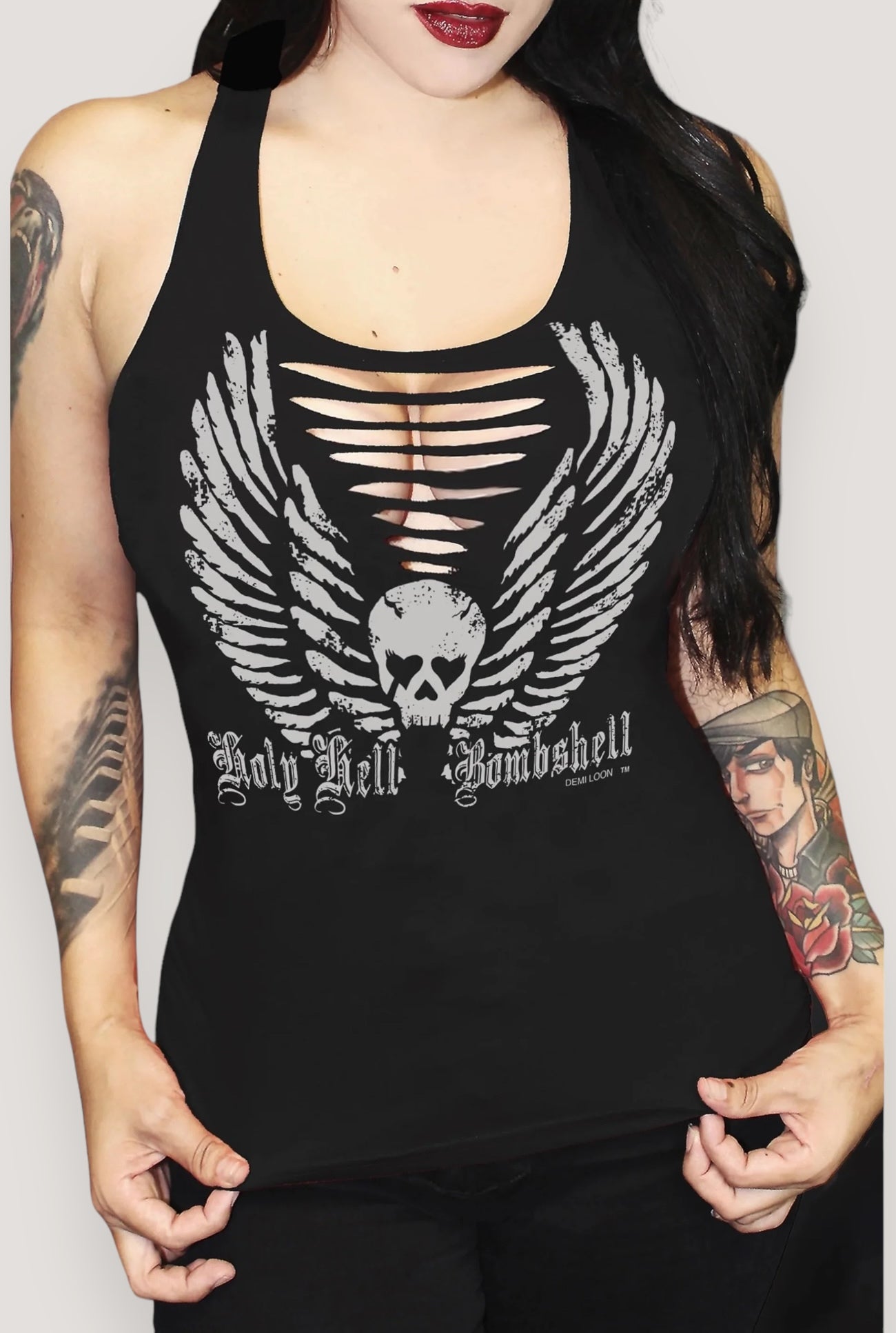 Holy Hell Bombshell Slashed Back Racerback Sexy Biker Tank- Black