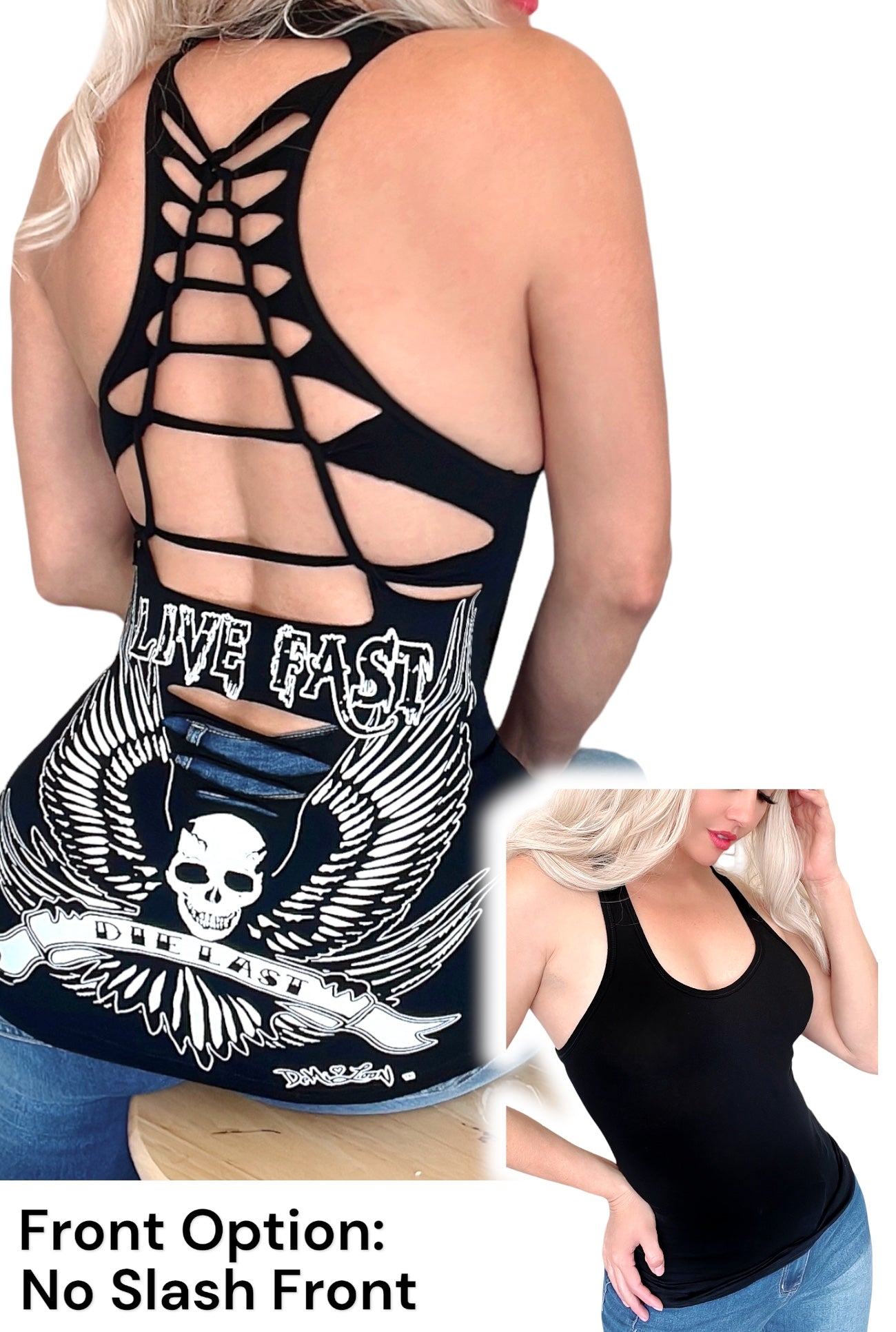 Live Fast Graphic Back Racerback Sexy Slashed Biker Festival Tank