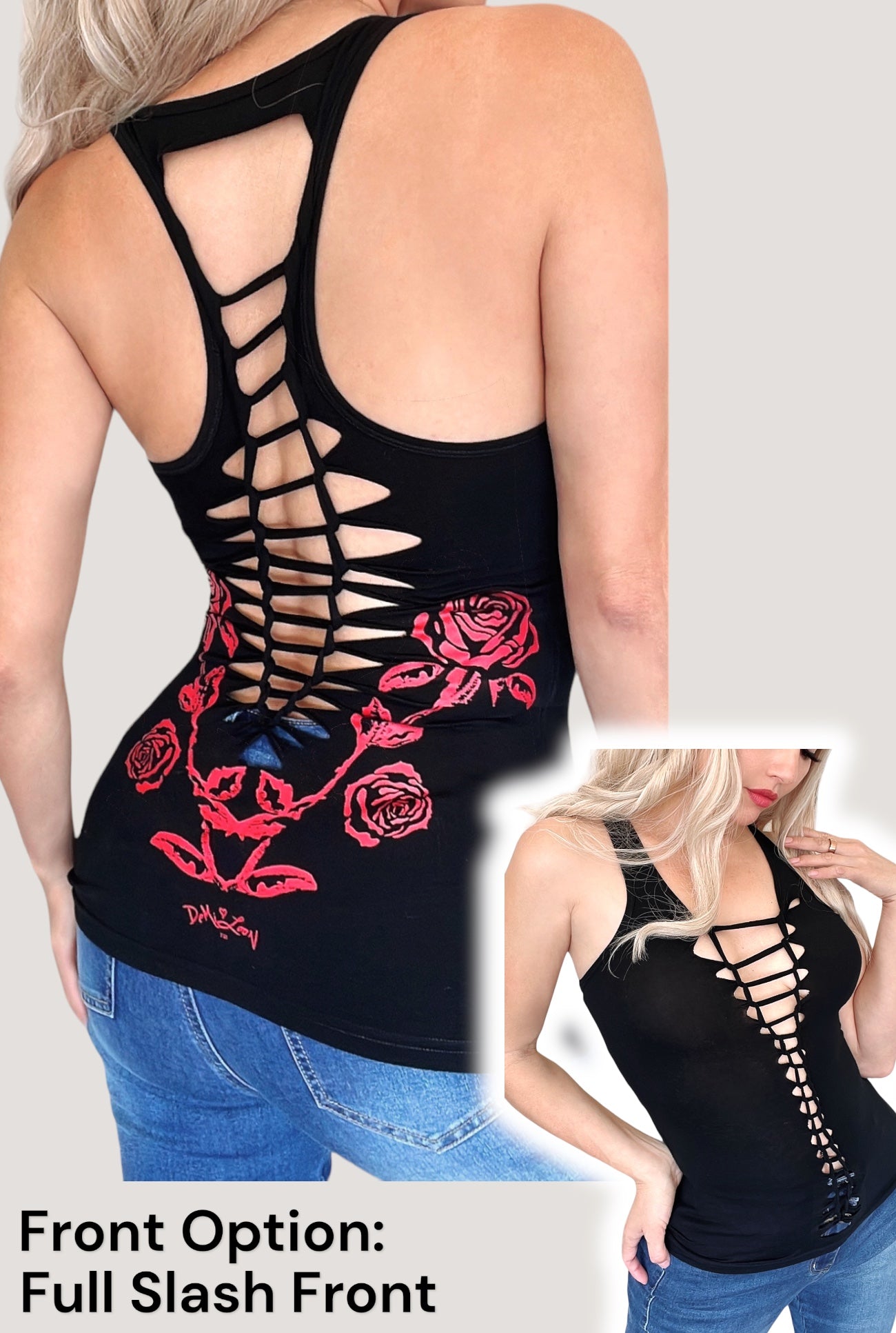 Gothic Rose Graphic Back Racerback Sexy Slashed Gothic Cowgirl Festival Tank