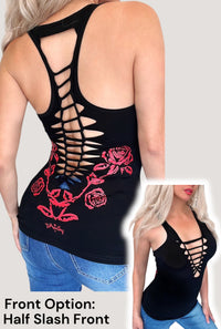 Gothic Rose Graphic Back Racerback Sexy Slashed Gothic Cowgirl Festival Tank