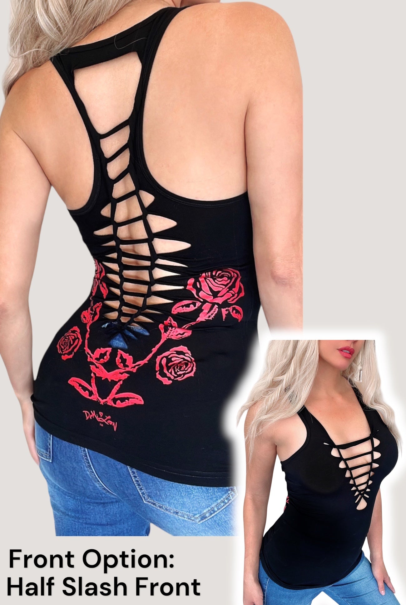 Gothic Rose Graphic Back Racerback Sexy Slashed Gothic Cowgirl Festival Tank