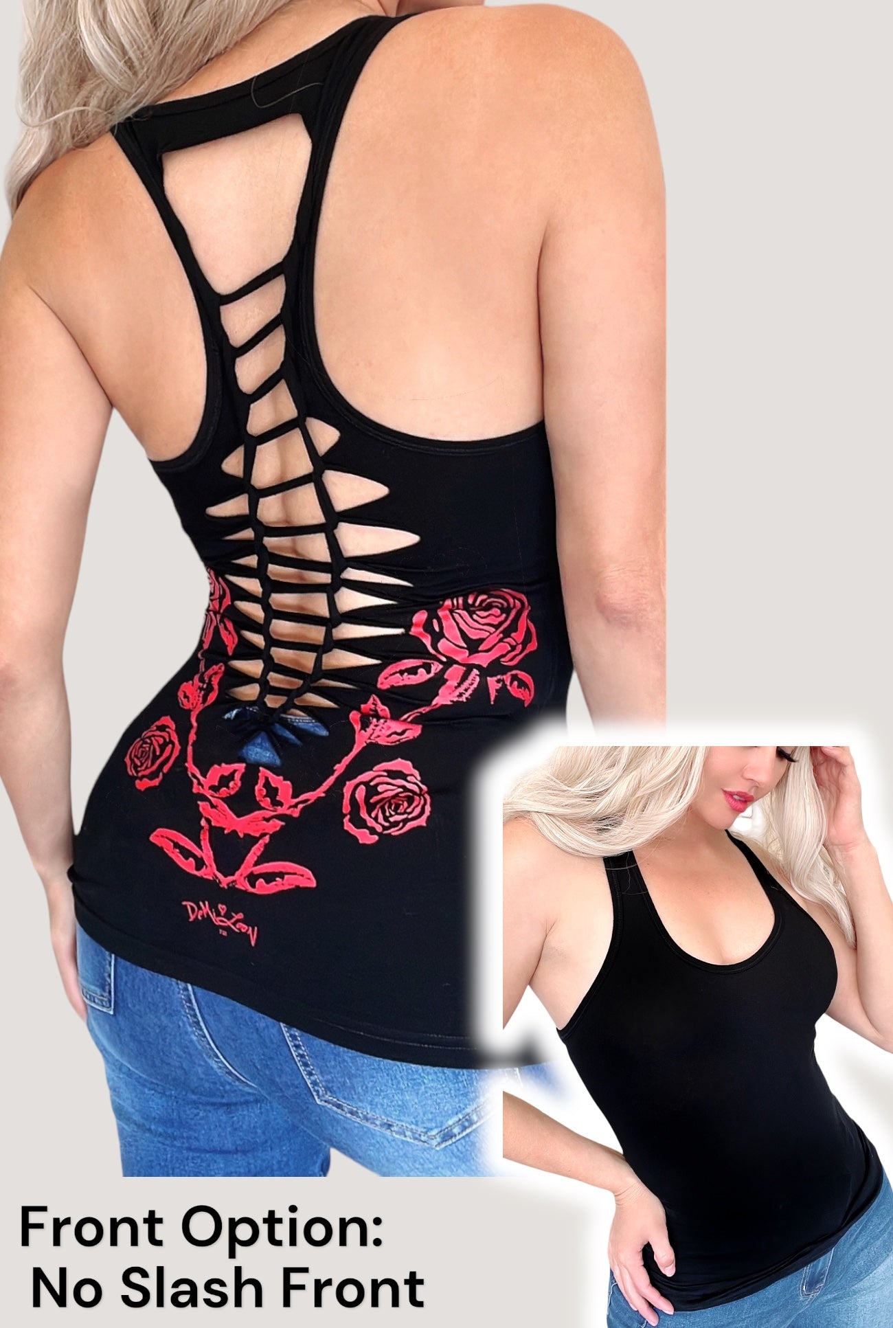 Gothic Rose Graphic Back Racerback Sexy Slashed Gothic Cowgirl Festival Tank