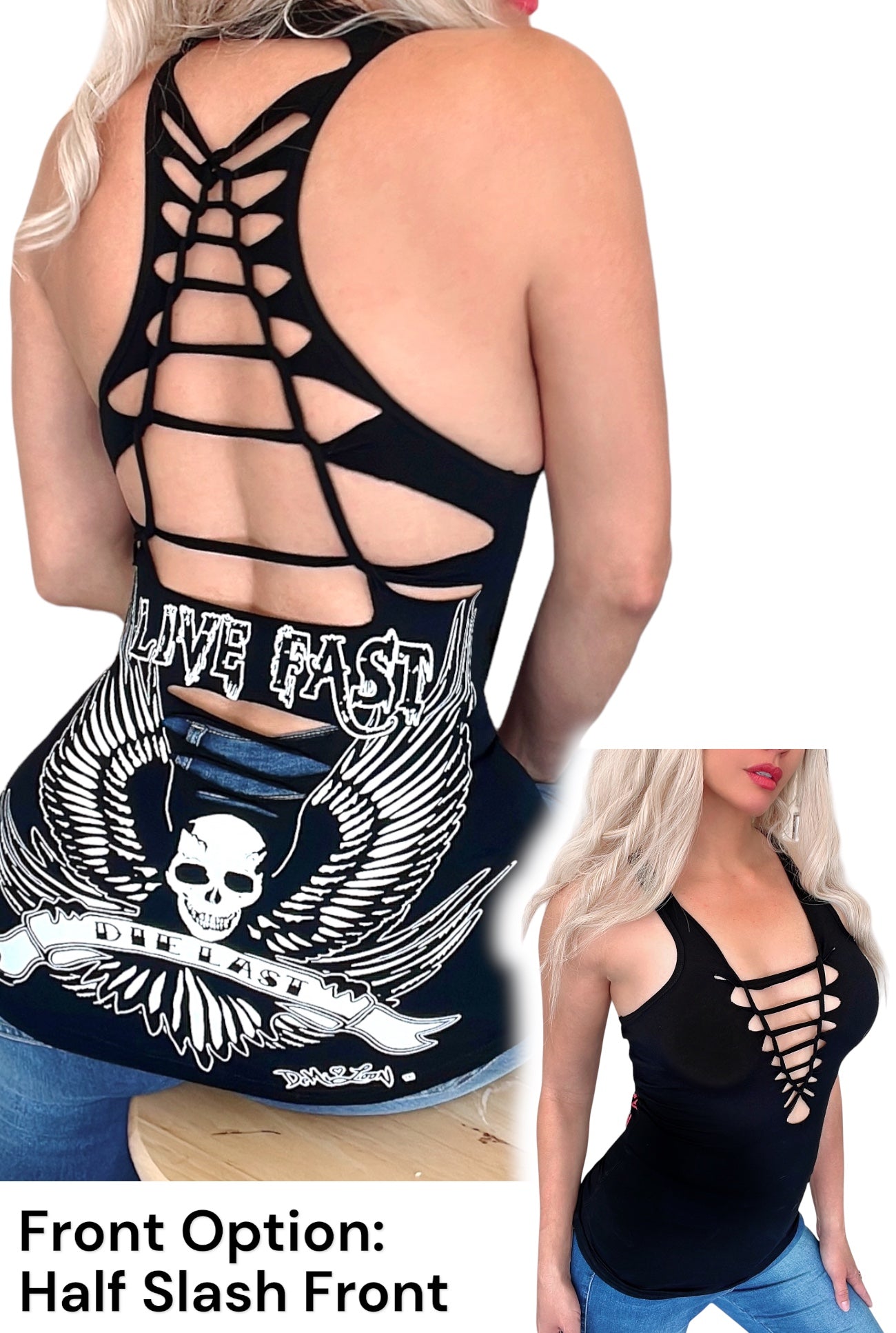 Live Fast Graphic Back Racerback Sexy Slashed Biker Festival Tank
