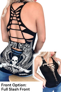 Live Fast Graphic Back Racerback Sexy Slashed Biker Festival Tank