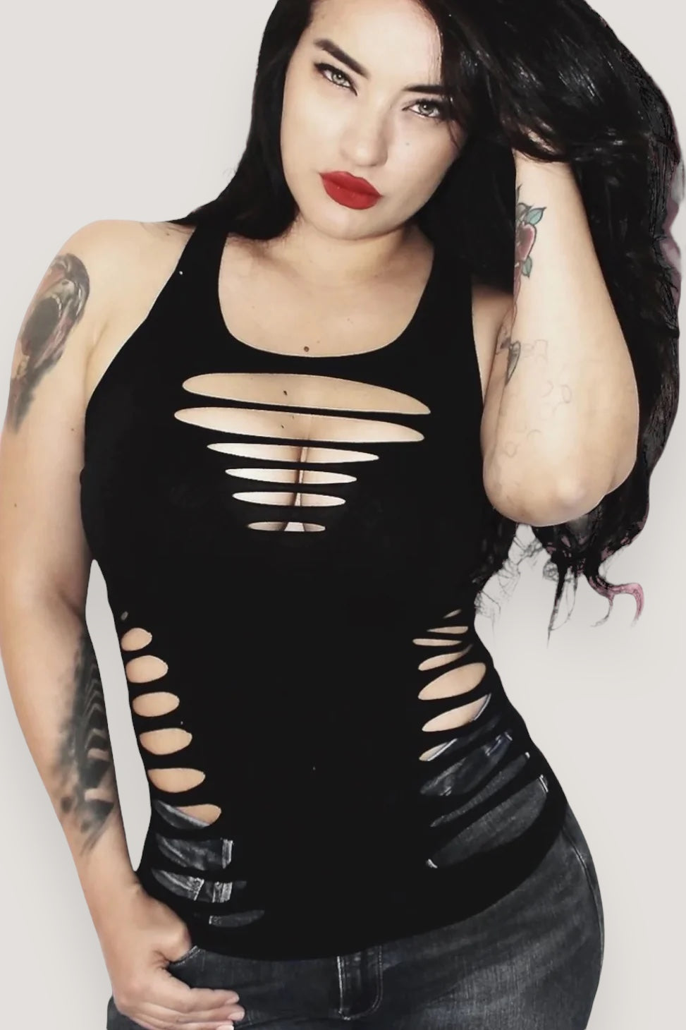 Hourglass Illusion Sexy Slashed Gothic Biker Tank-Black