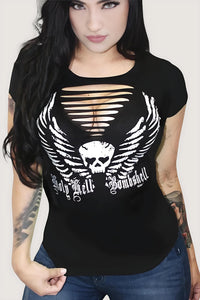 Holy Hell Bombshell Skull Wings Biker Slash Tee- Black