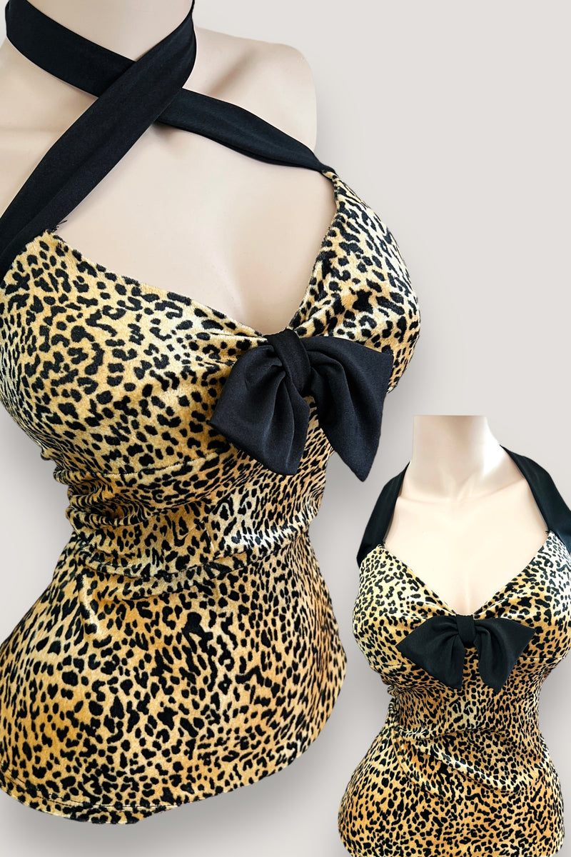 Sookie Bow Padded Pinup Halter Top- Leopard