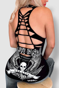 Live Fast Graphic Back Racerback Sexy Slashed Biker Festival Tank