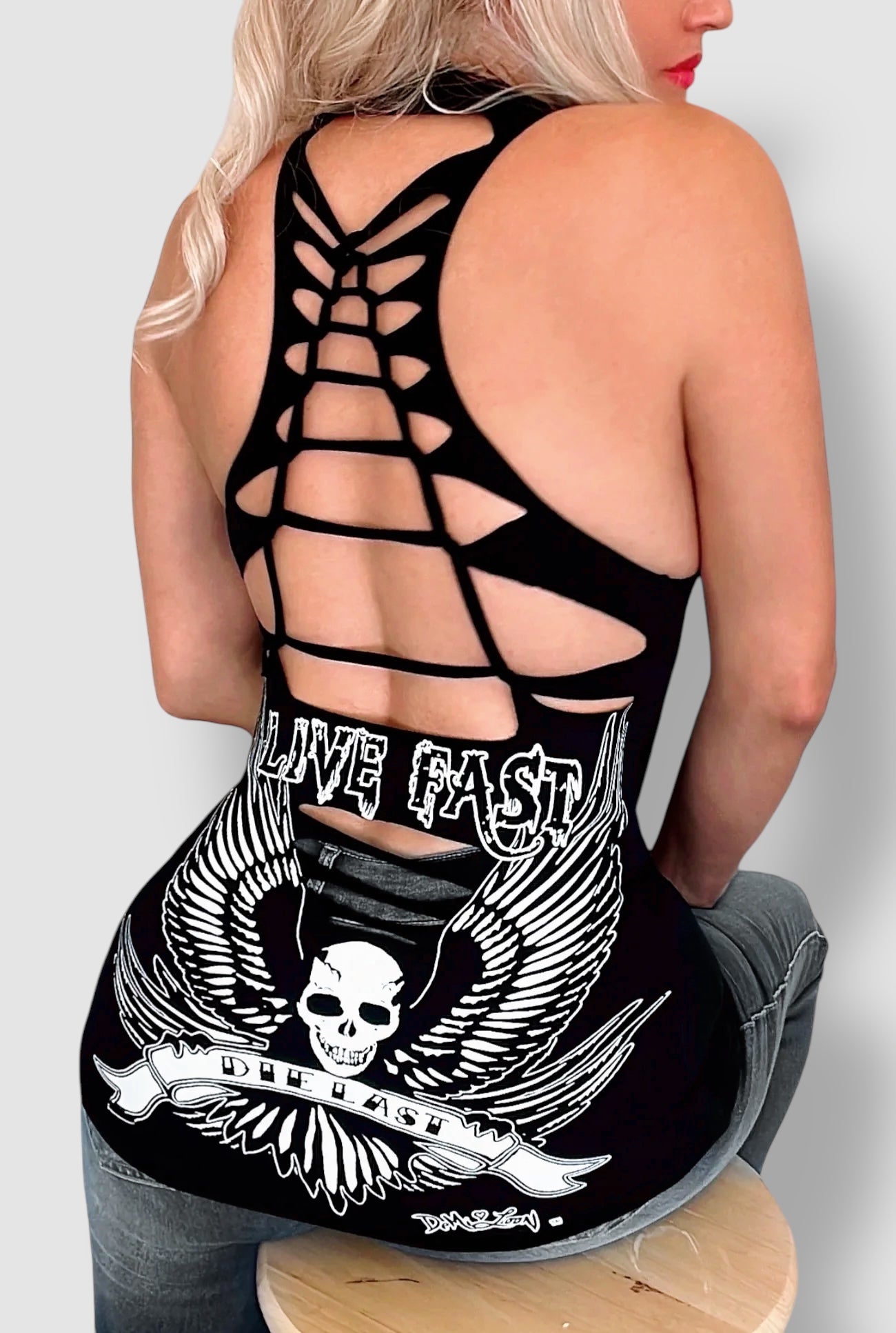Live Fast Graphic Back Racerback Sexy Slashed Biker Festival Tank