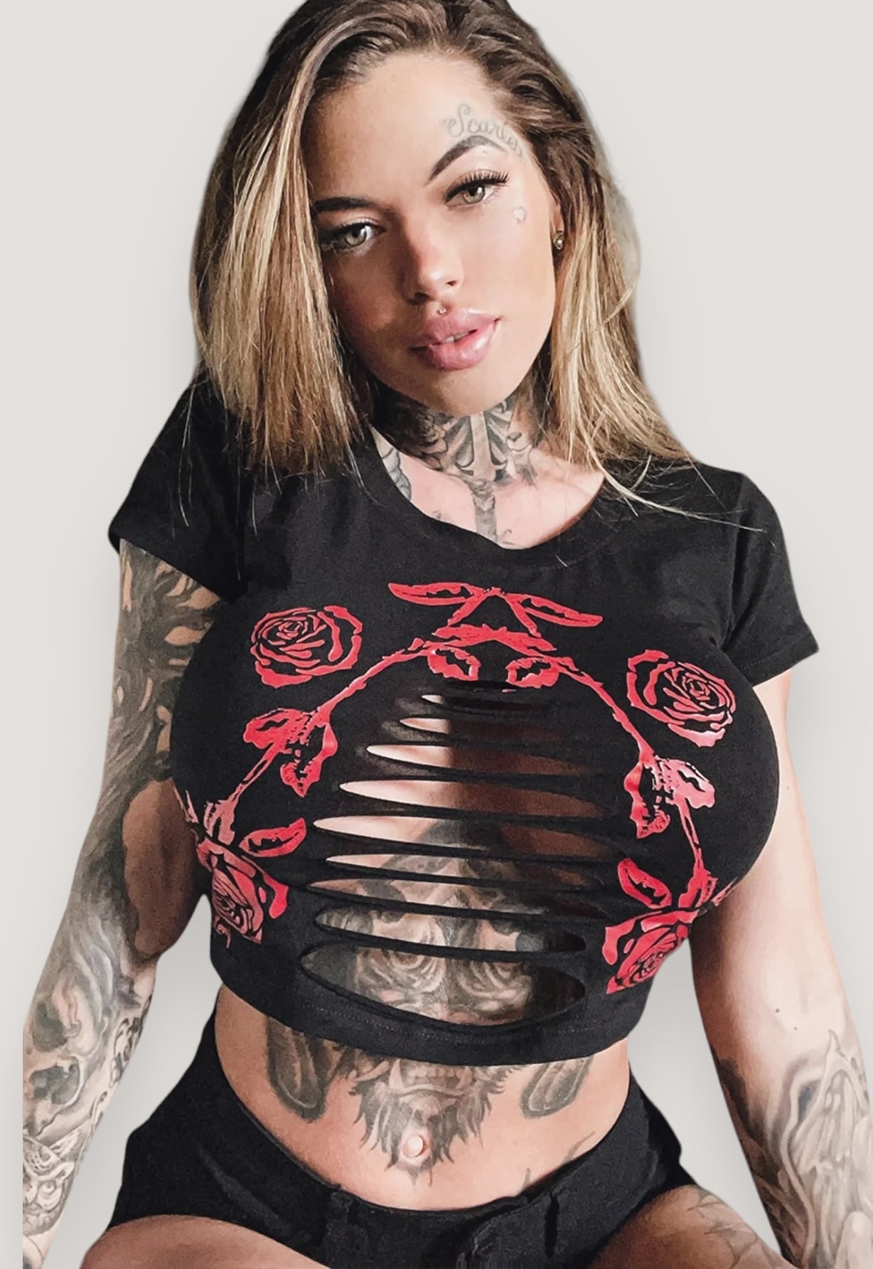 Gothic Rose Under Boob Slashed Crop Tee- Black