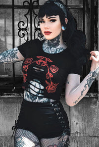 Gothic Rose Under Boob Slashed Crop Tee- Black