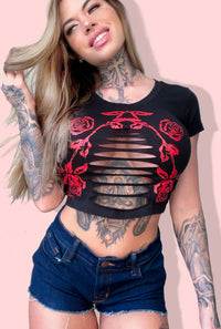 Gothic Rose Under Boob Slashed Crop Tee- Black