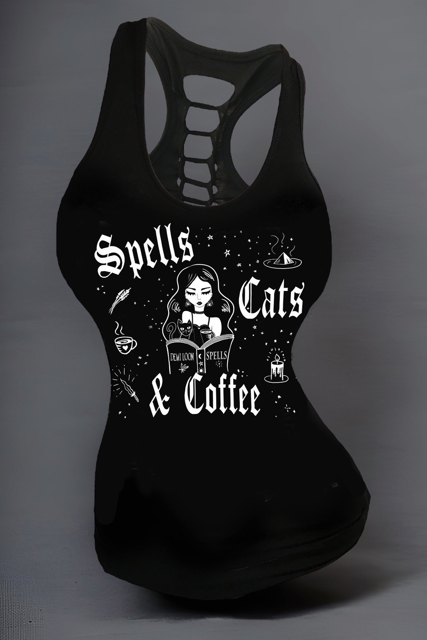 Spells Cats & Coffee Slashed Back Racerback Tank SCC13