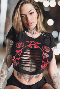 Gothic Rose Under Boob Slashed Crop Tee- Black