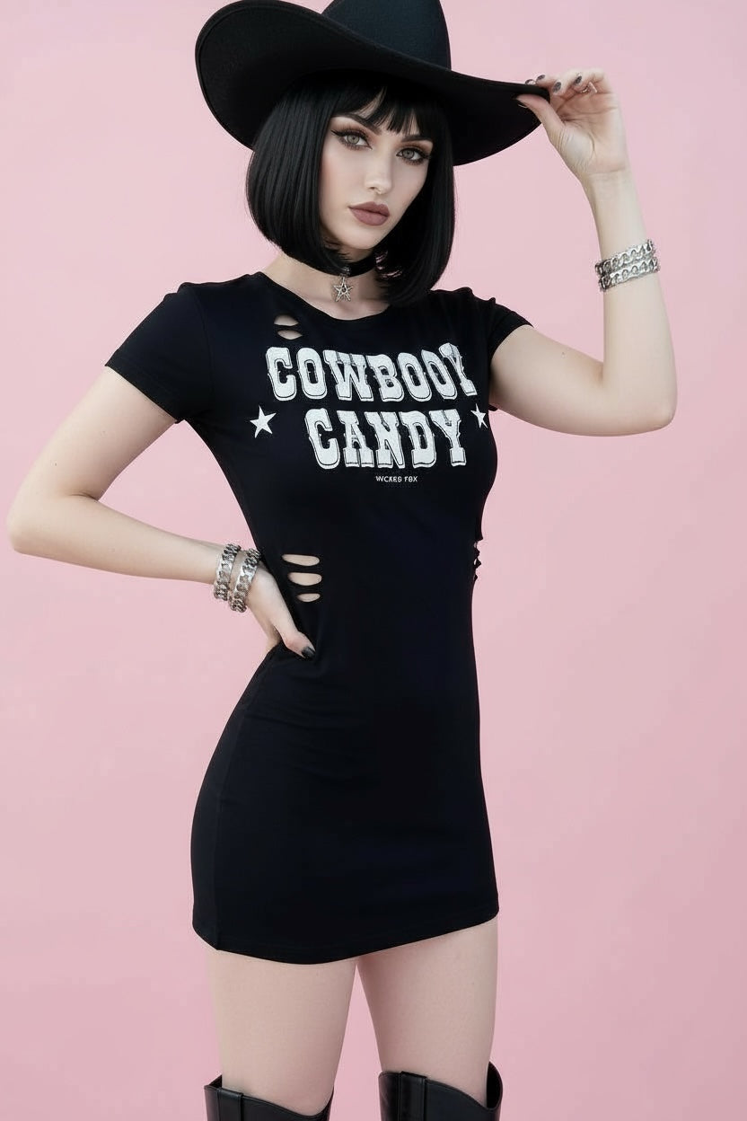 Cowboy Candy Western Slashed Graphic Mini Festival Dress