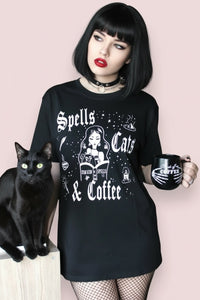 Spells Cats & Coffee Graphic Gothic Tee