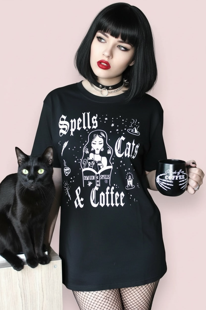 Spells Cats & Coffee Graphic Gothic Tee