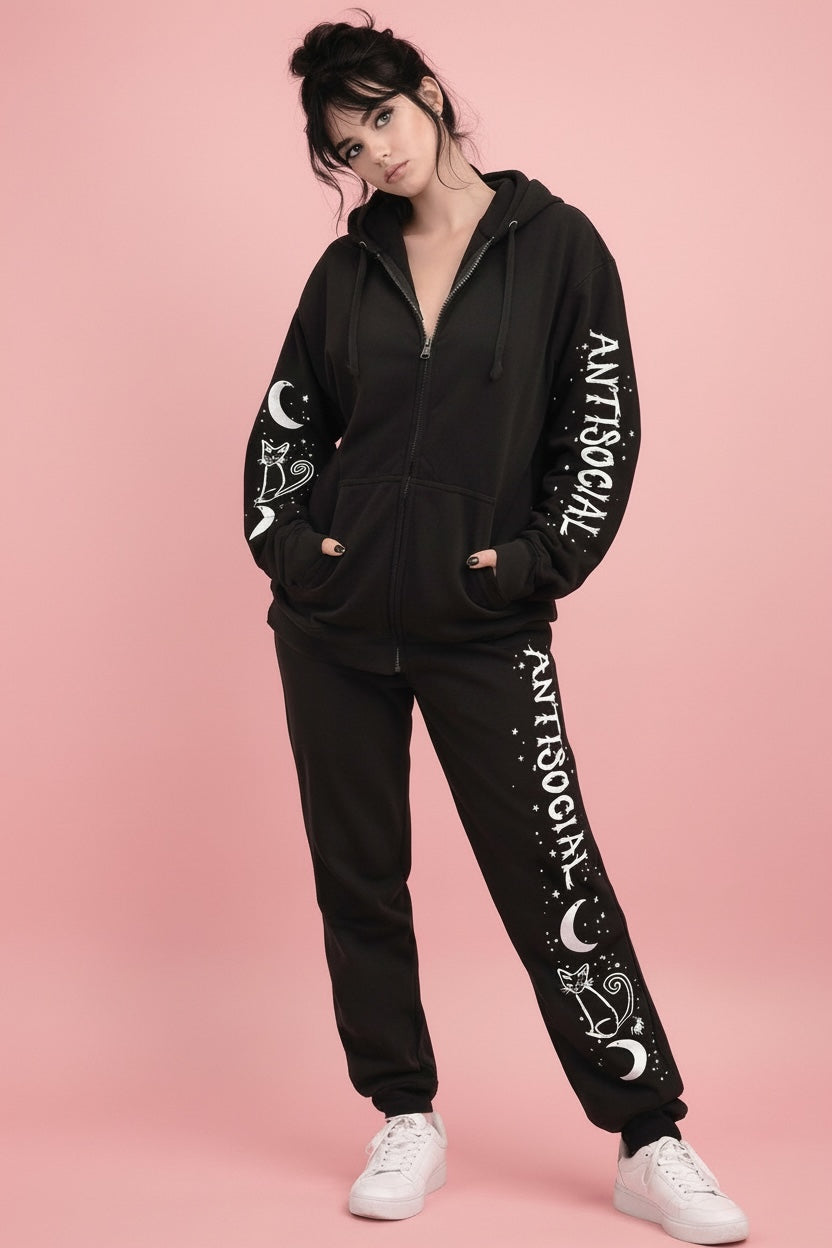 Antisocial Cat Witch Moon "Boyfriend Fit" Zipper Gothic Hoodie