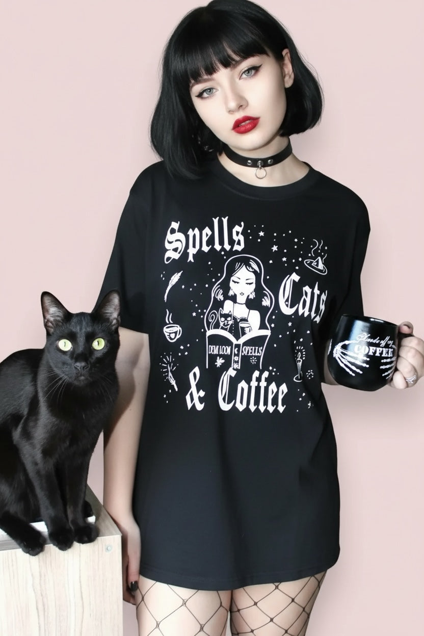 Spells Cats & Coffee Graphic Gothic Tee