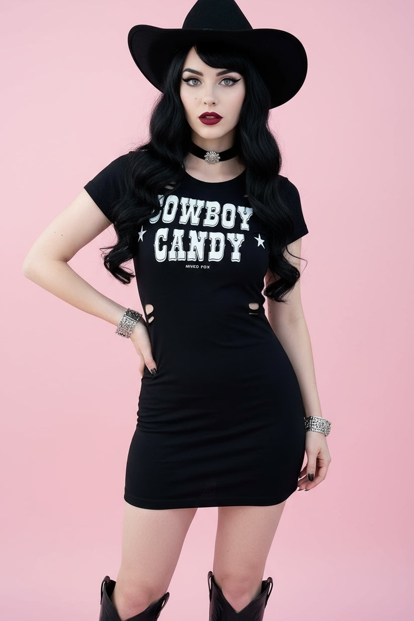 Cowboy Candy Western Slashed Graphic Mini Festival Dress