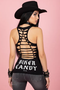 Biker Candy Graphic Back Racerback Sexy Slashed Biker Festival Tank