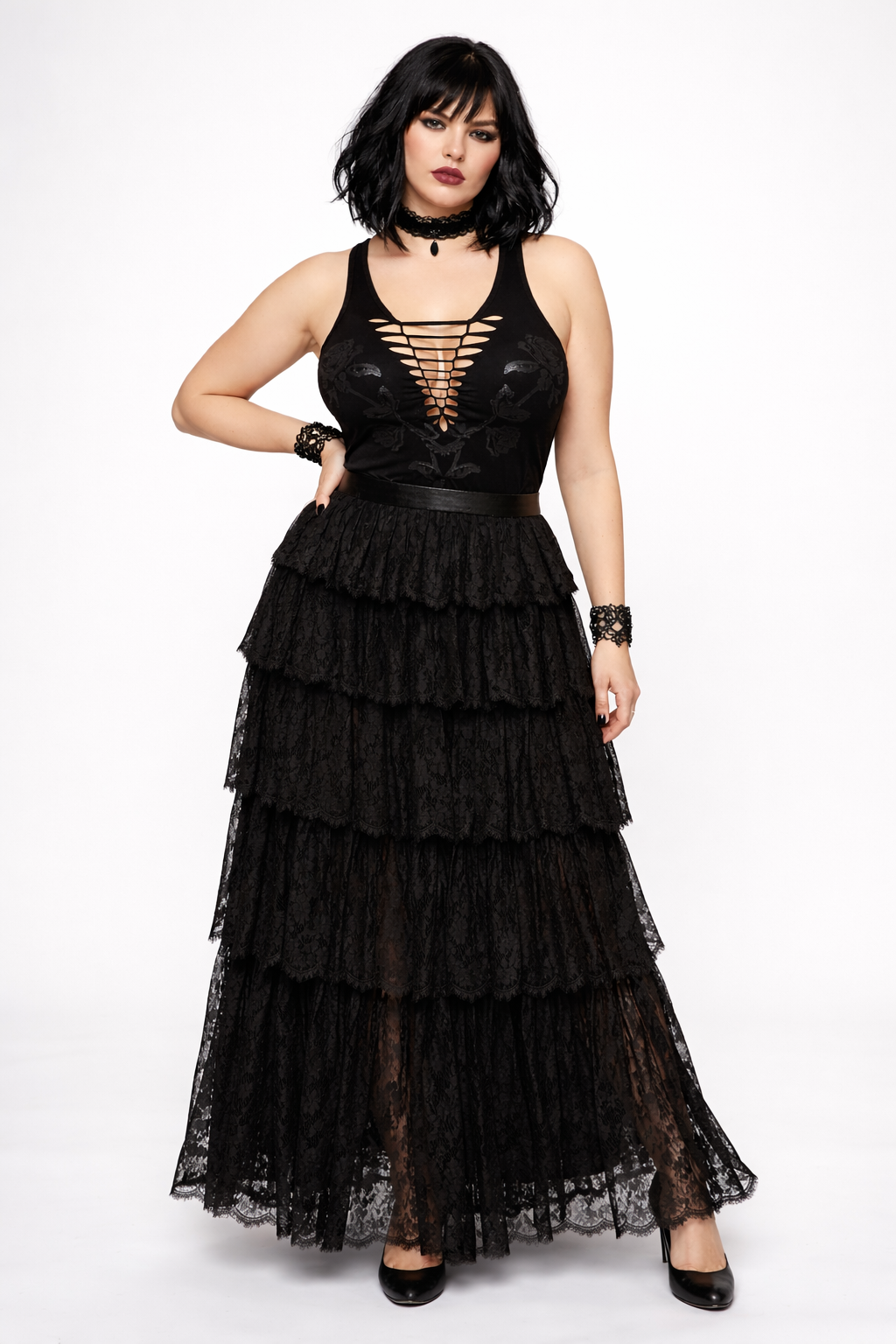 The Black Rose Crochet Neckline Gothic Tank