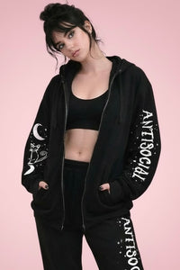 Antisocial Cat Witch Moon "Boyfriend Fit" Zipper Gothic Hoodie