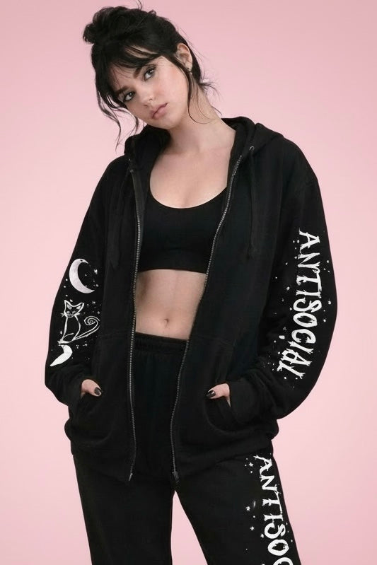 Antisocial Cat Witch Moon "Boyfriend Fit" Zipper Gothic Hoodie