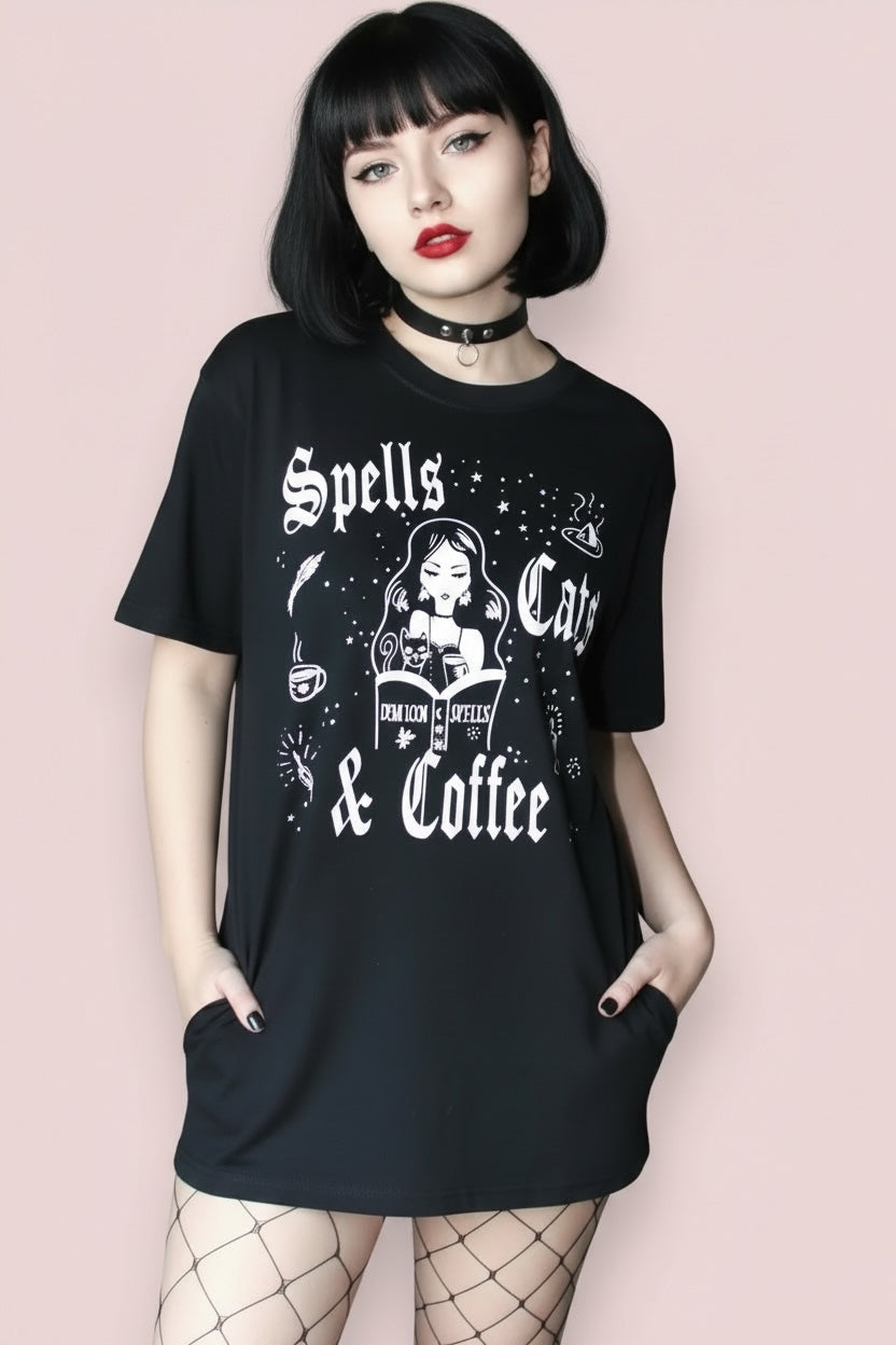 Spells Cats & Coffee Graphic Gothic Tee