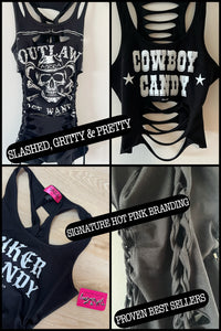 Outlaw Skull Graphic Motorcycle Sexy Biker Cowgirl Festival Slashed Tank Top