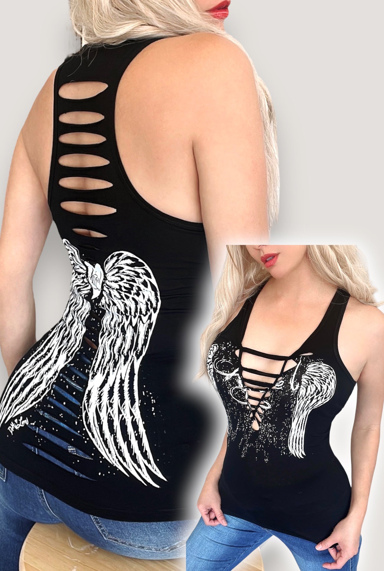 Fallen Angel Wings Graphic Back Slashed  Cowgirl Festival Tank