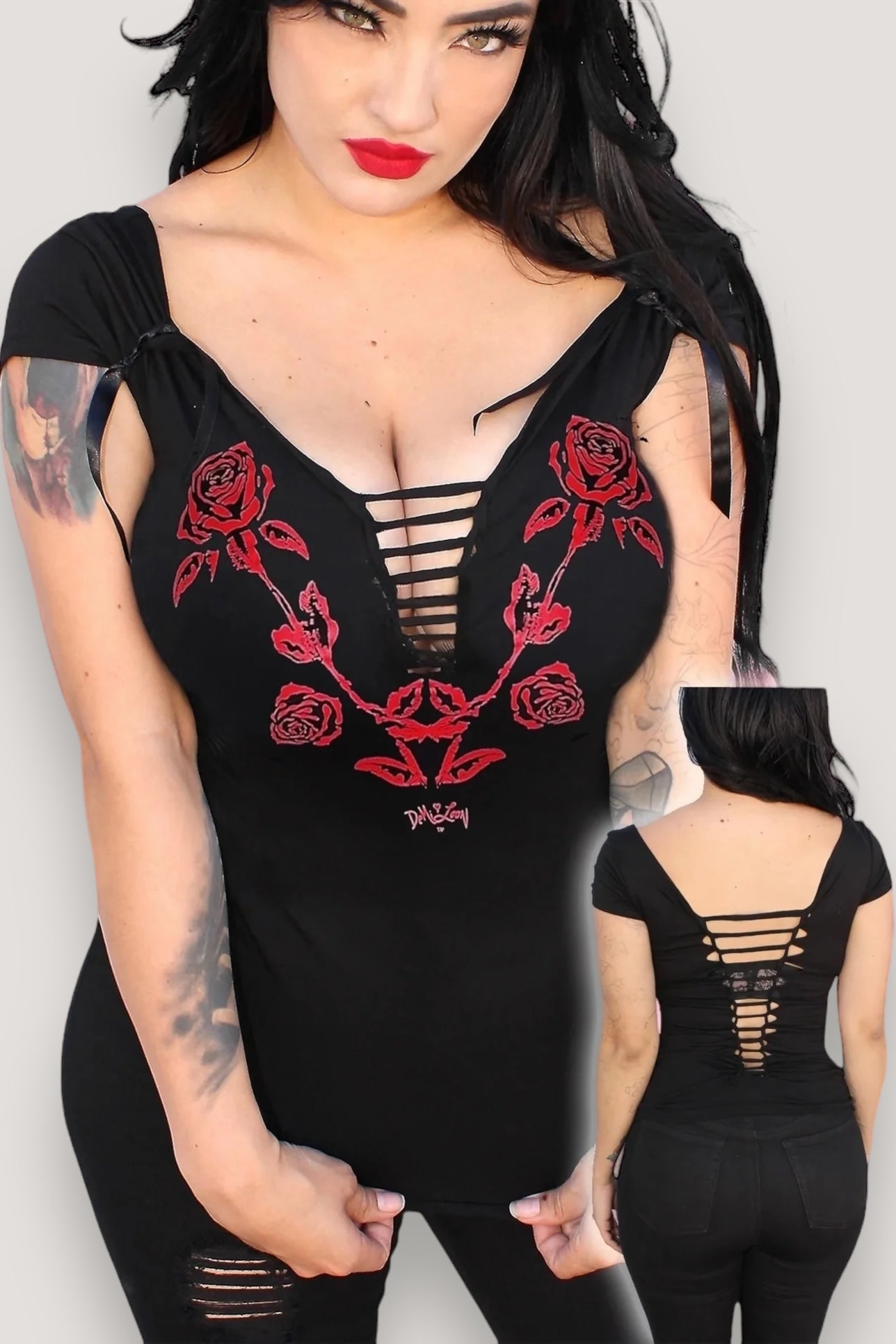 Gothic Rose Slashed Festival Goth Cowgirl Cut-Out Tee