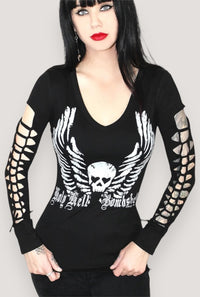 Holy Hell Long Sleeve V-Neck Sexy Slashed Gothic Biker Tee- BLK