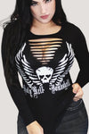 Holy Hell Wings & Skull Wings Tattoo Biker Slash LS Tee- Black
