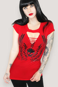 Holy Hell Skull Wings Tattoo Slash Tee- Black