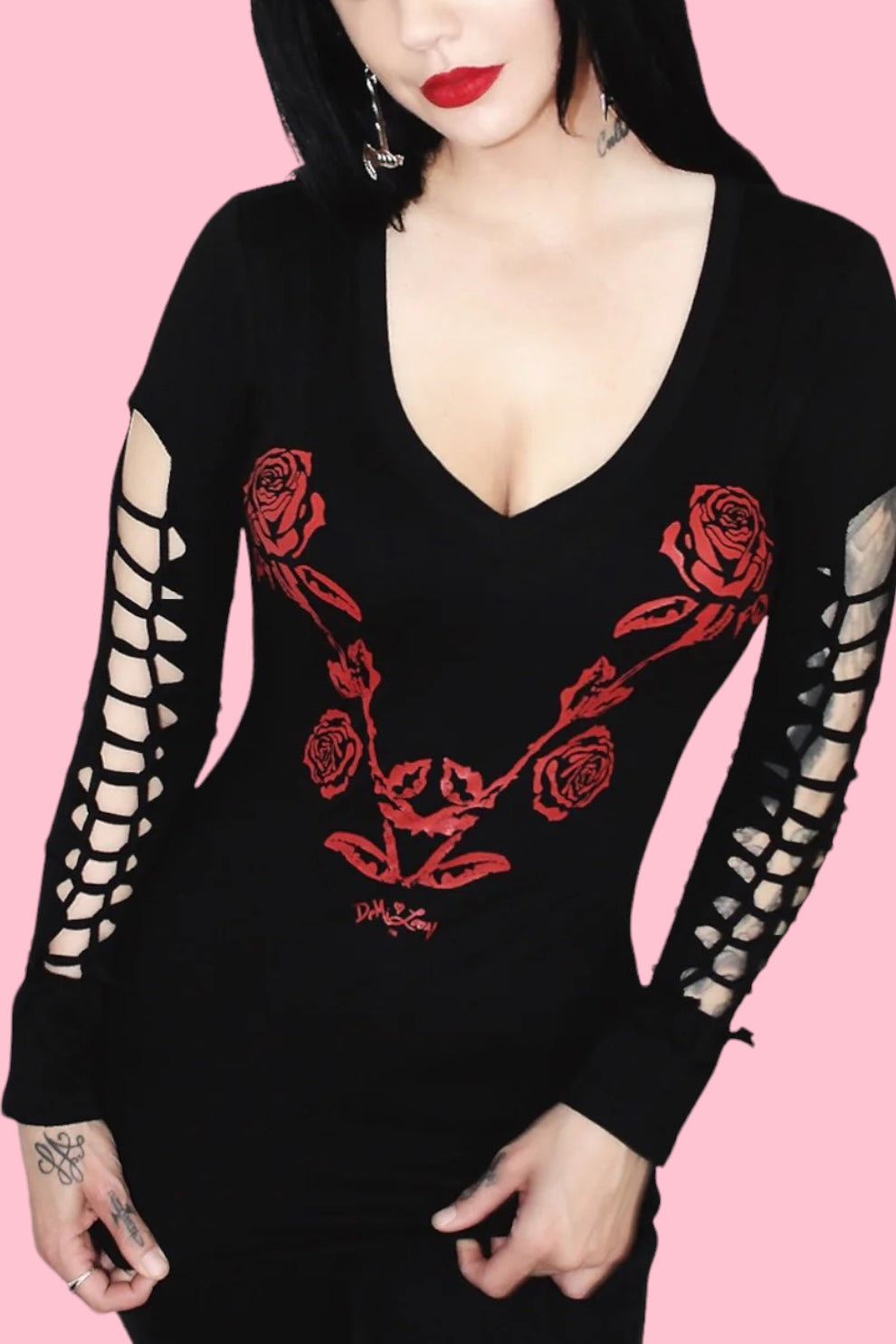 Gothic Rose Slashed Sleeve & Back LS Tee- Black