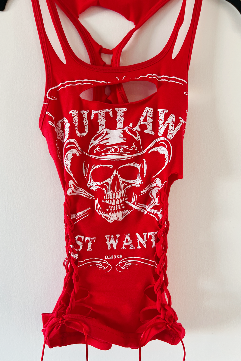 Outlaw Skull Graphic Motorcycle Sexy Biker Cowgirl Festival Slashed Tank Top