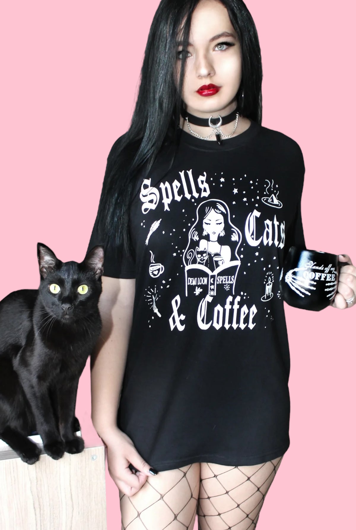 Spells Cats & Coffee Boyfriend SS Tee- Black