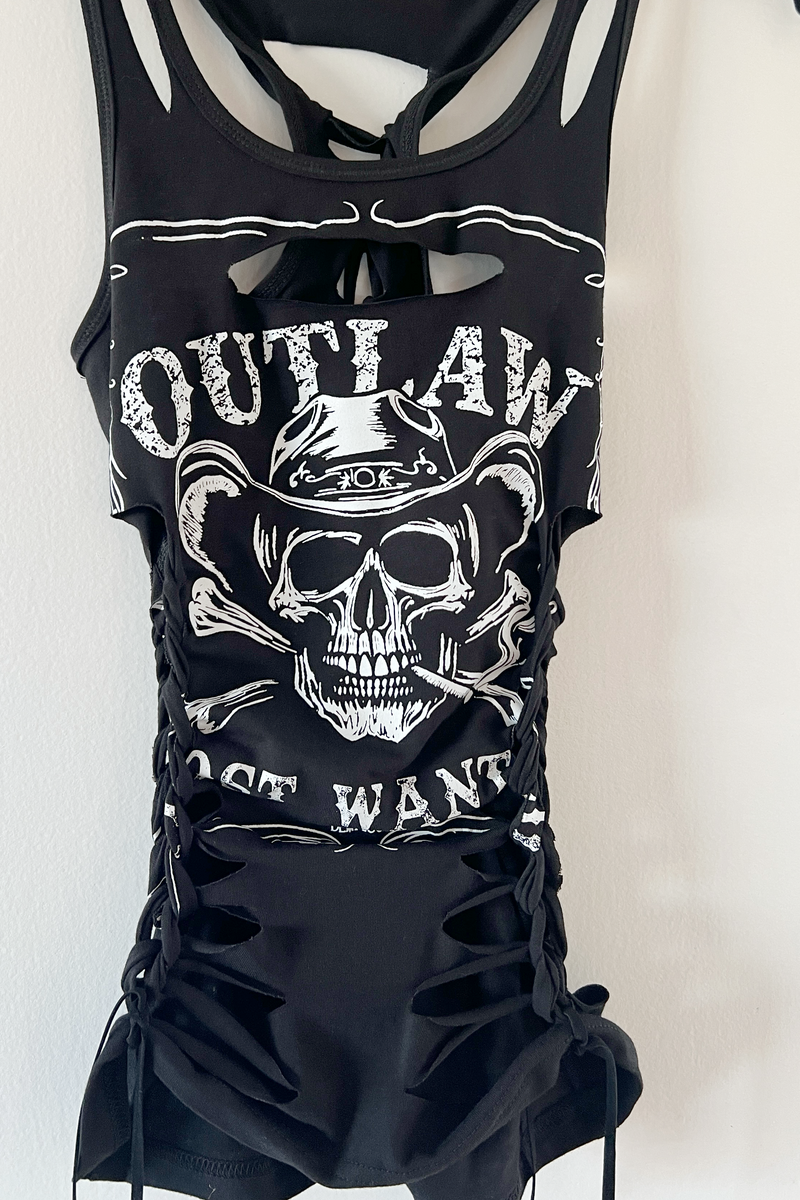 Outlaw Skull Graphic Motorcycle Sexy Biker Cowgirl Festival Slashed Tank Top