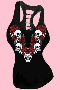 Love to Death Skulls & Roses Braid Back Tank- Black
