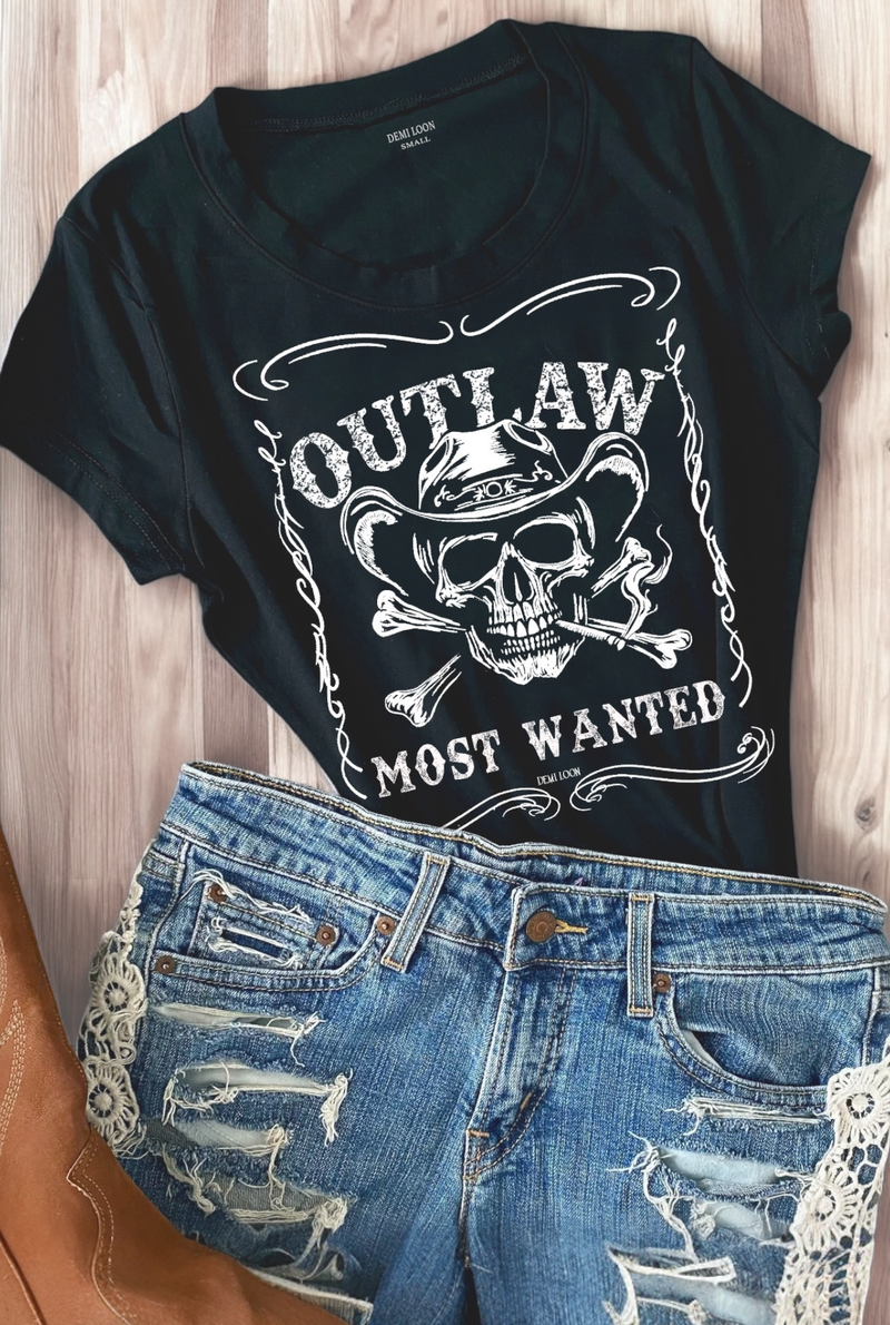 Outlaw Skull Cowboy Graphic Biker Cowgirl Country Tee