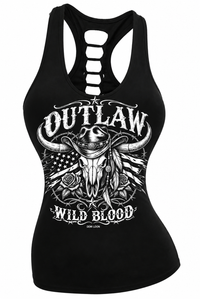 Outlaw Wild Blood Longhorn Skull Cowgirl Biker Slashed Back Tank