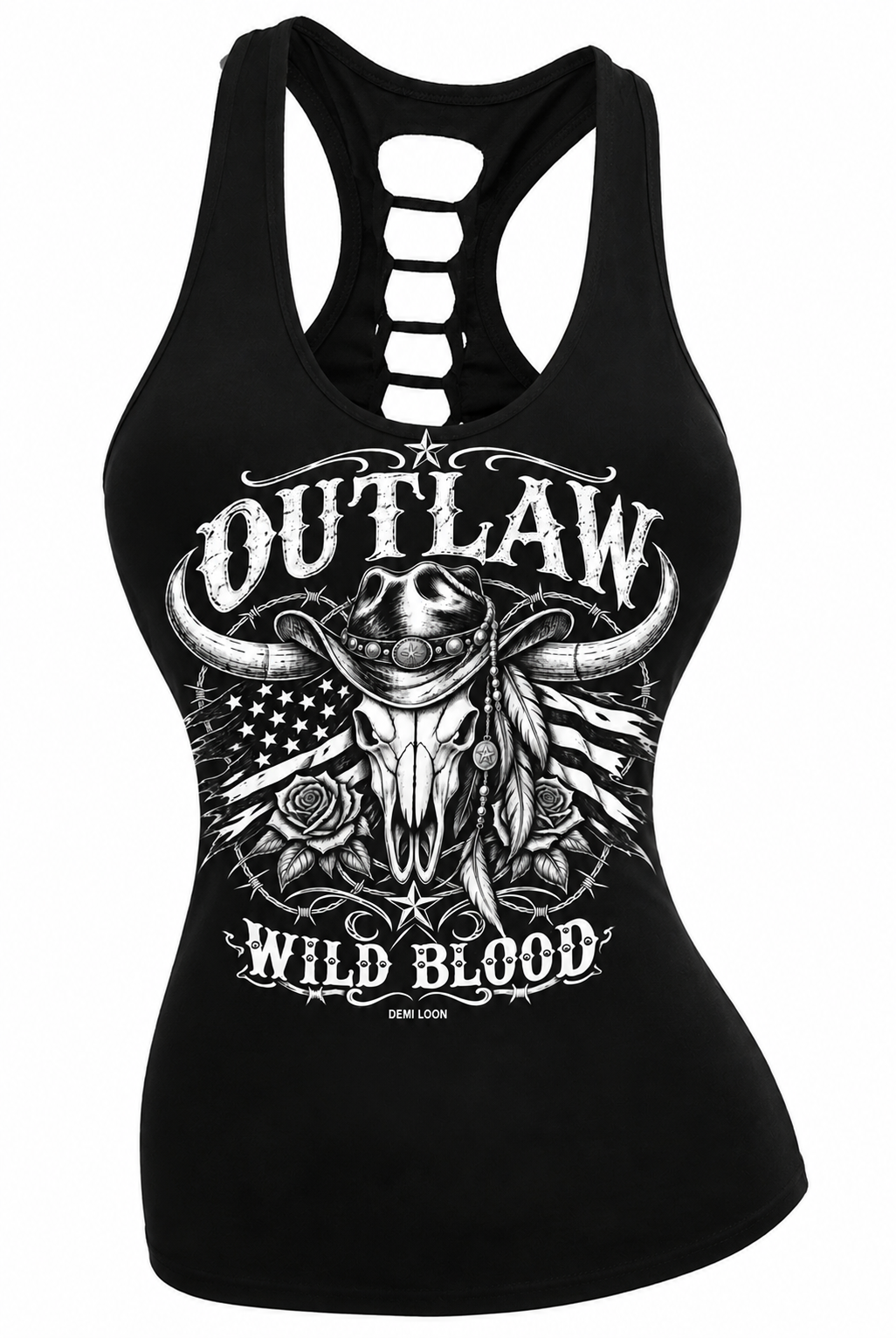 Outlaw Wild Blood Longhorn Skull Cowgirl Biker Slashed Back Tank