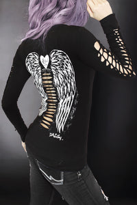 Gothic Angel Wings Tattoo LS Slashed Tee- Black