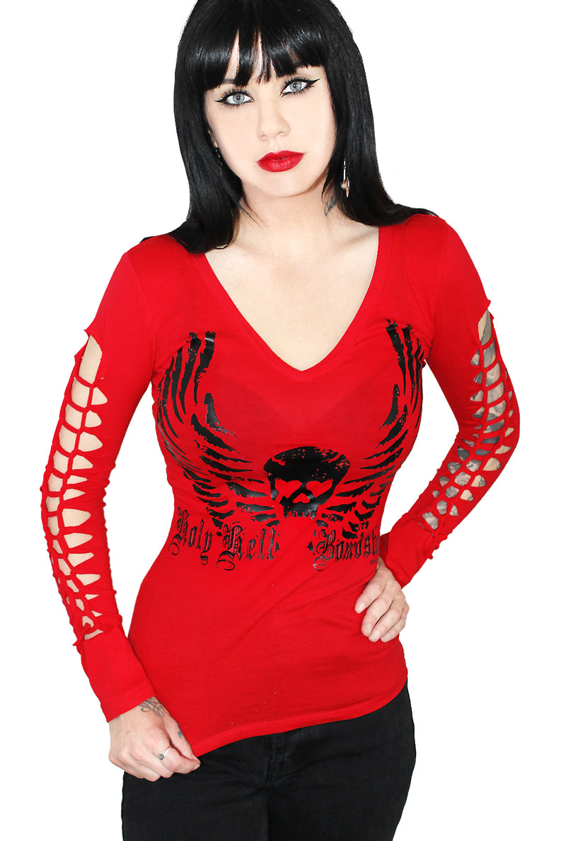 Holy Hell Long Sleeve V-Neck Sexy Slashed Gothic Biker Tee- BLK