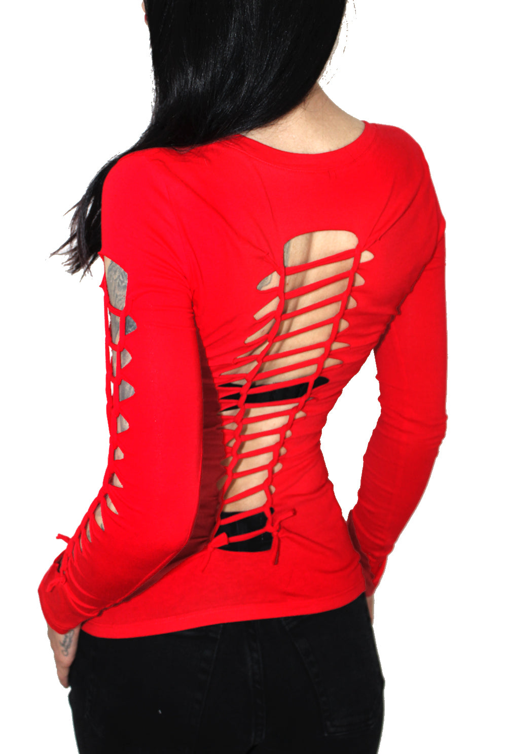 Holy Hell Long Sleeve V Neck Sexy Slashed Gothic Biker Tee BLK